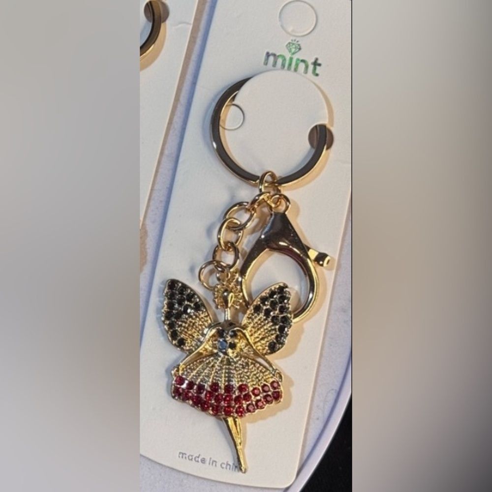 MINT  Crystal Ballerina Keychain Charm - Red & Gold Accent